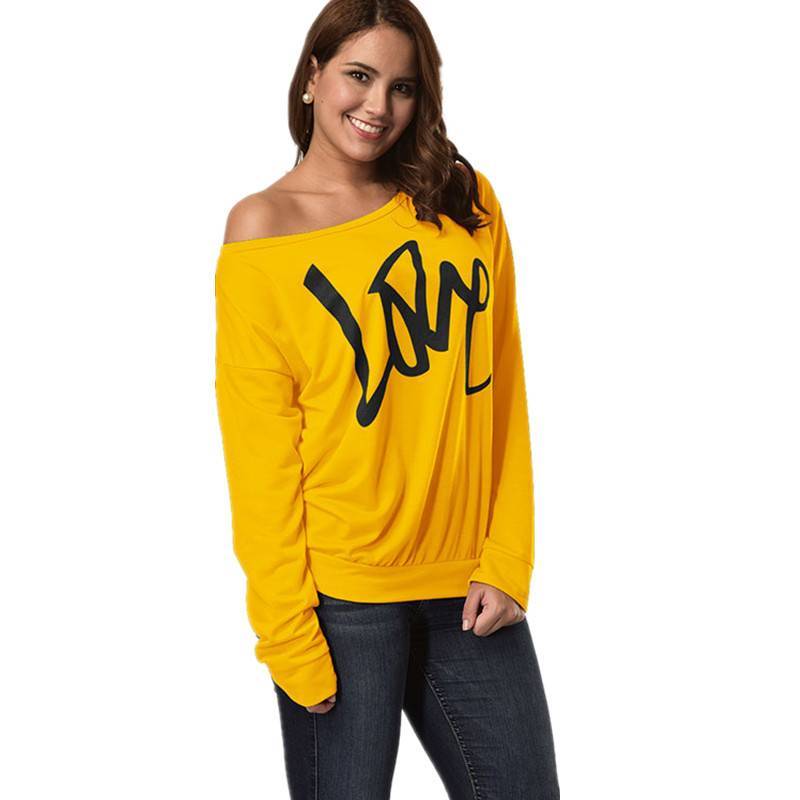 Autumn Women's Letter Love Print Sexy Leaky Off Shoulder Long Sleeve  Purple Green Yellow Tees Sweat Shirt Tops