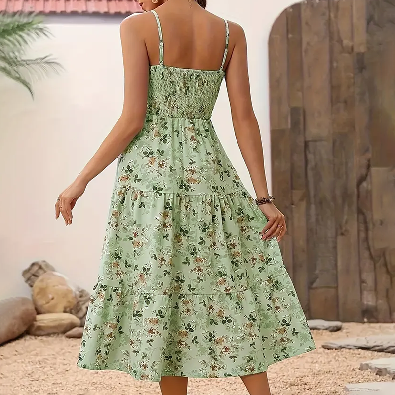 Womens Summer Floral Midi Dress Smocked Spaghetti Strap Sleeveless Tiered Casual Flowy-FREE USA SHIPPING Dresses