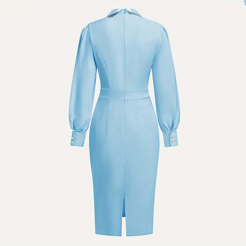 Women's Elegant Solid Stand Collar Long Sleeve Dress With Bow Detail Hem Slit Formal Midi Dress For Spring&Fall