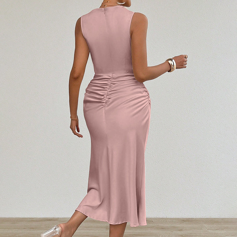 Women's Summer Sleeveless Tank Dress Crew Neck Slim Fit Ruched Bodycon Dress Casual Party Club Dress-FREE USA SHIPPING