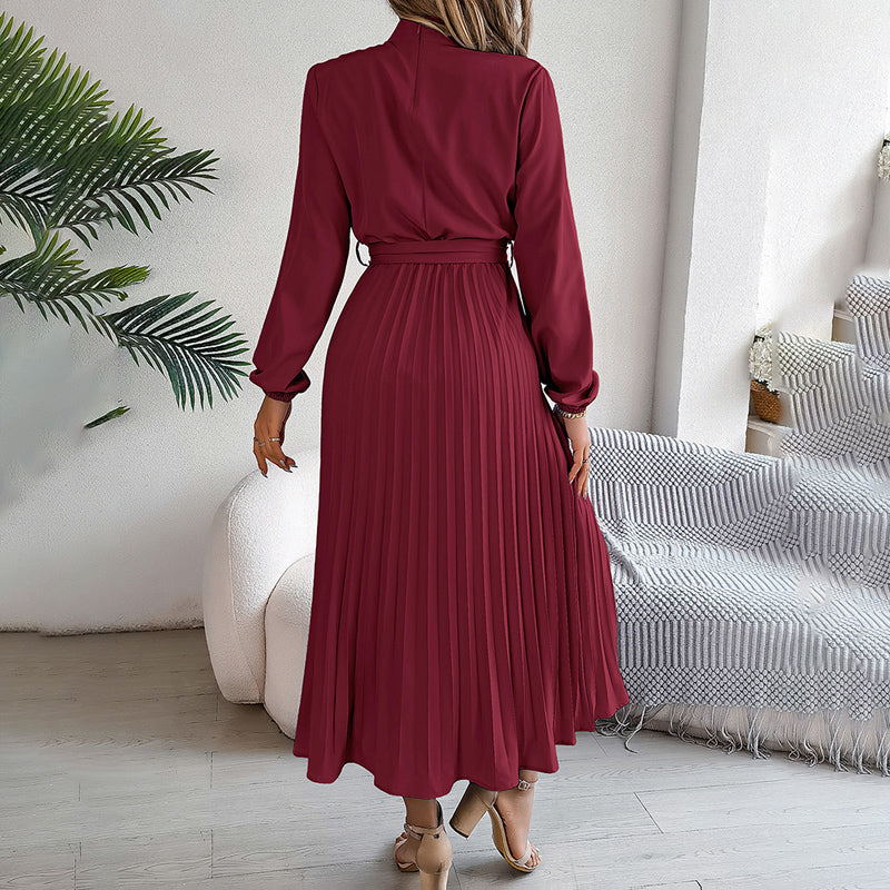 Elegant High Neck Long Sleeve Pleated Maxi Dress - Solid Color Flowy Dress For Women, Casual To Formal Wear-FREE USA SHIPPING