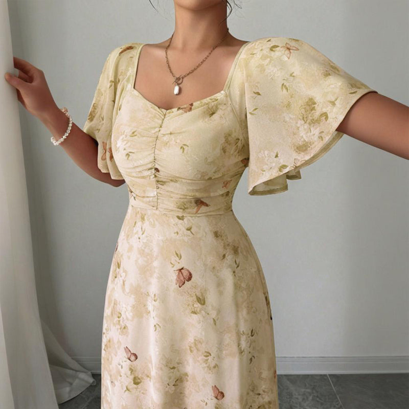Women's Solid Color Square Neck Short Sleeve Butterfly Print Flowy Dress A-Line Summer Vacation Maxi Dress