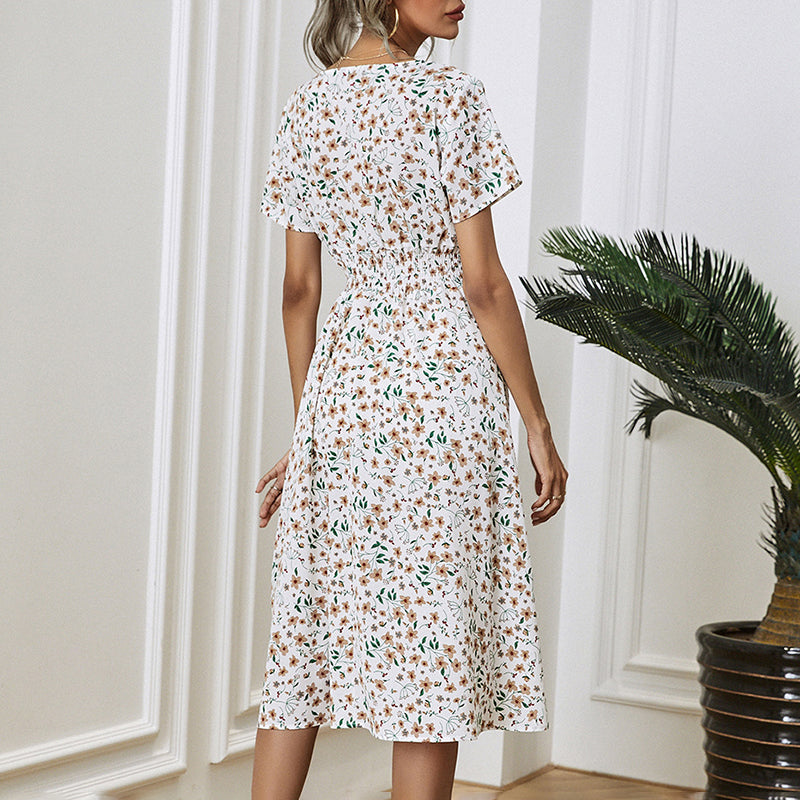 Women's V-Neck Floral Print Dress - A-Line Waisted Summer Maxi Dress - Free USA Shipping
