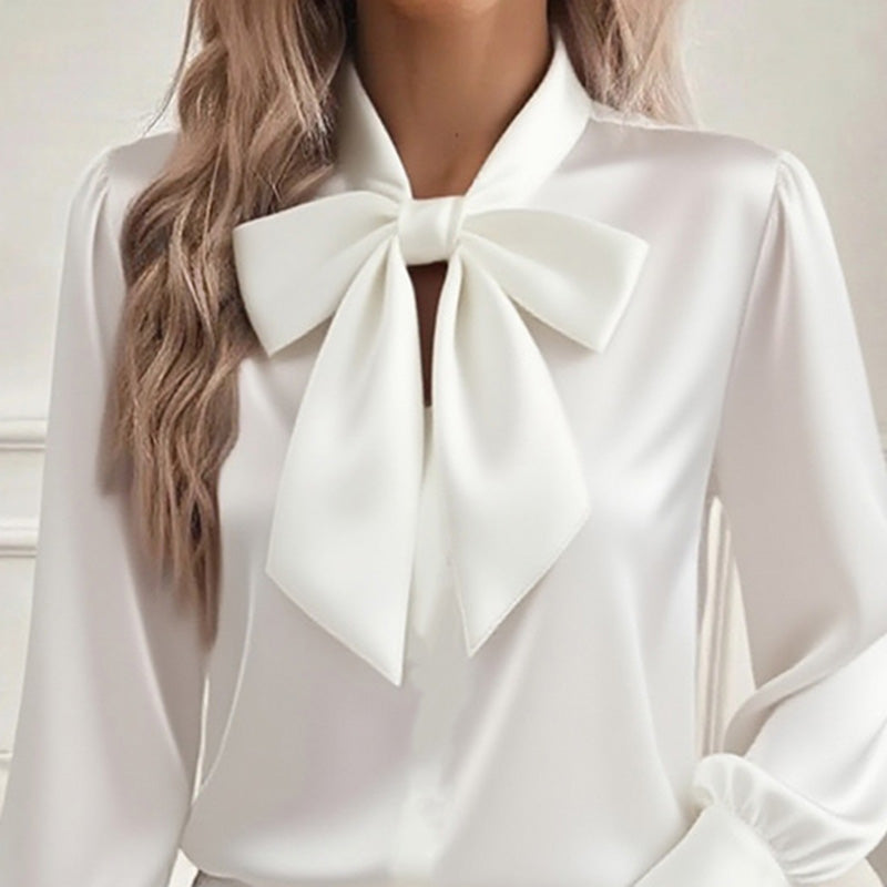 Women's Solid Color Satin Long Sleeve Casual Shirt With Bow Decor Blouse Spring Fall Daily Wear Top