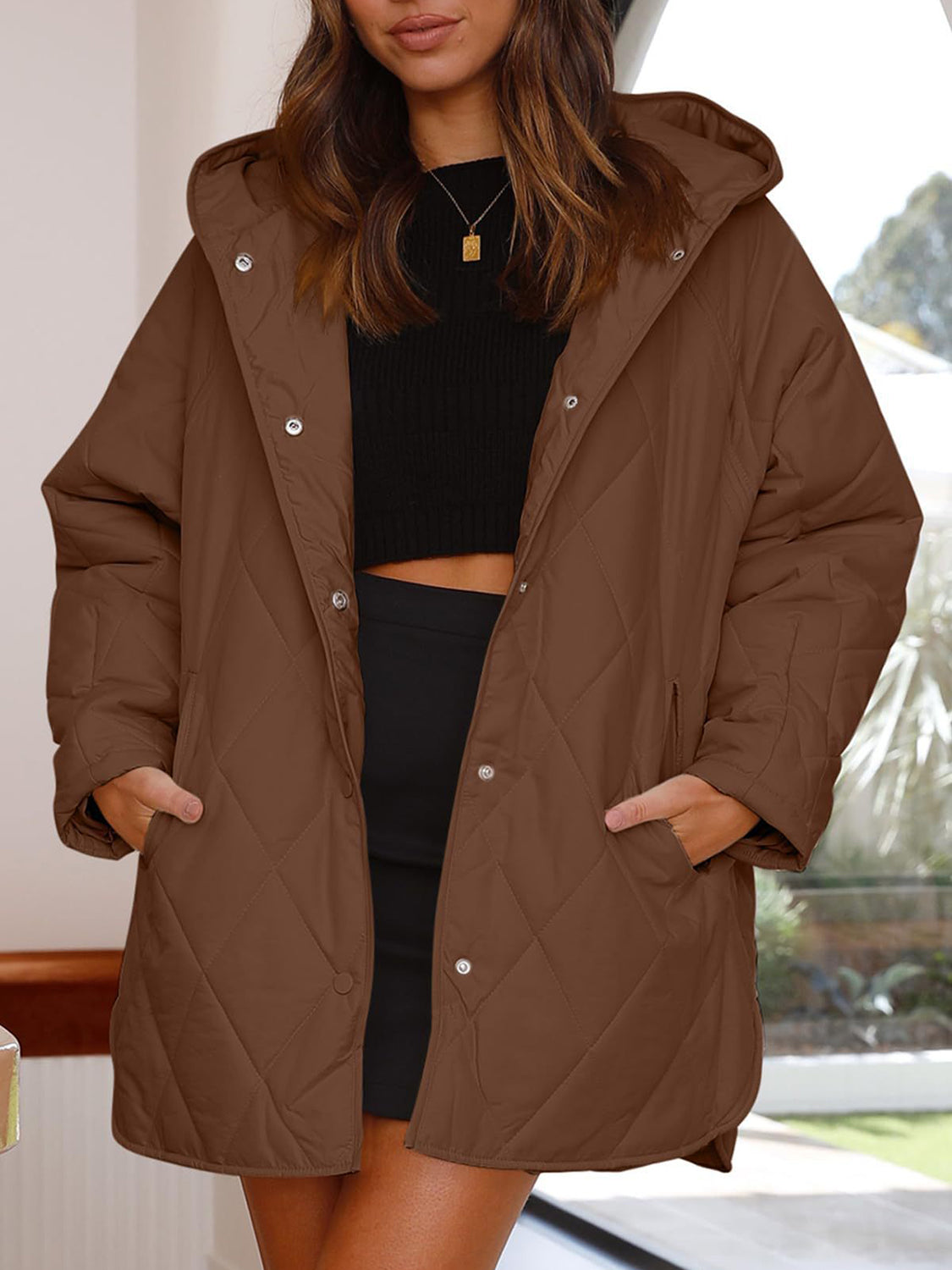 Slit Snap Down Long Sleeve Hooded Jacket