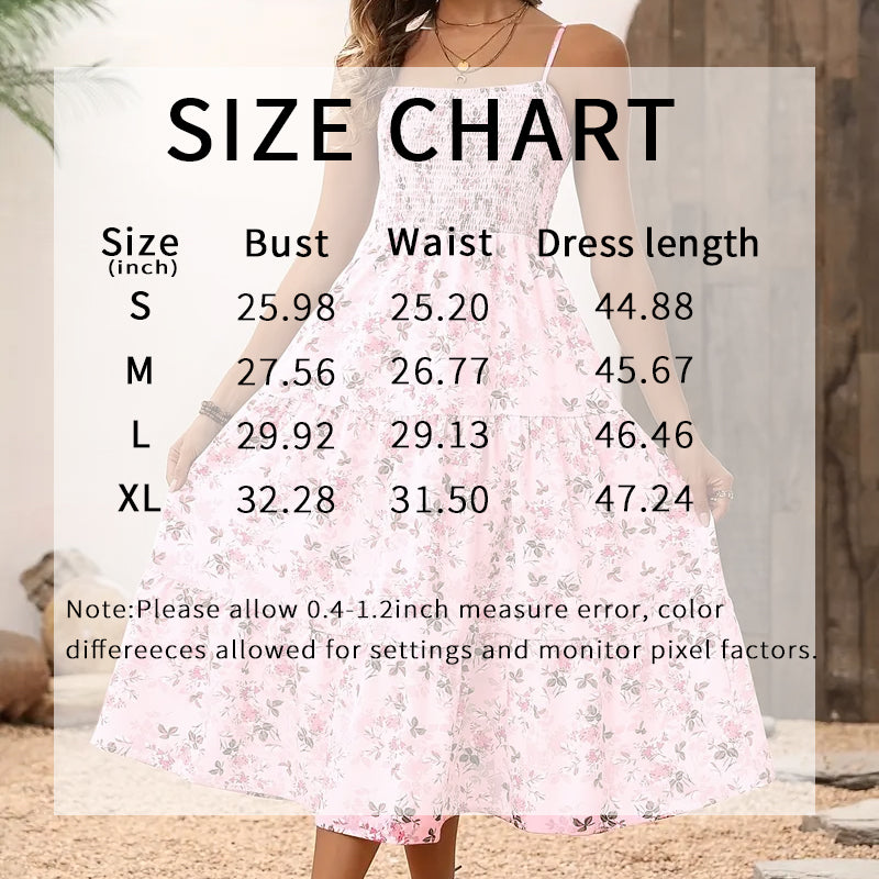 Womens Summer Floral Midi Dress Smocked Spaghetti Strap Sleeveless Tiered Casual Flowy-FREE USA SHIPPING Dresses