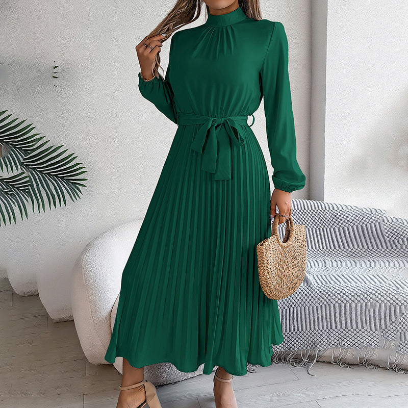 Elegant High Neck Long Sleeve Pleated Maxi Dress - Solid Color Flowy Dress For Women, Casual To Formal Wear-FREE USA SHIPPING