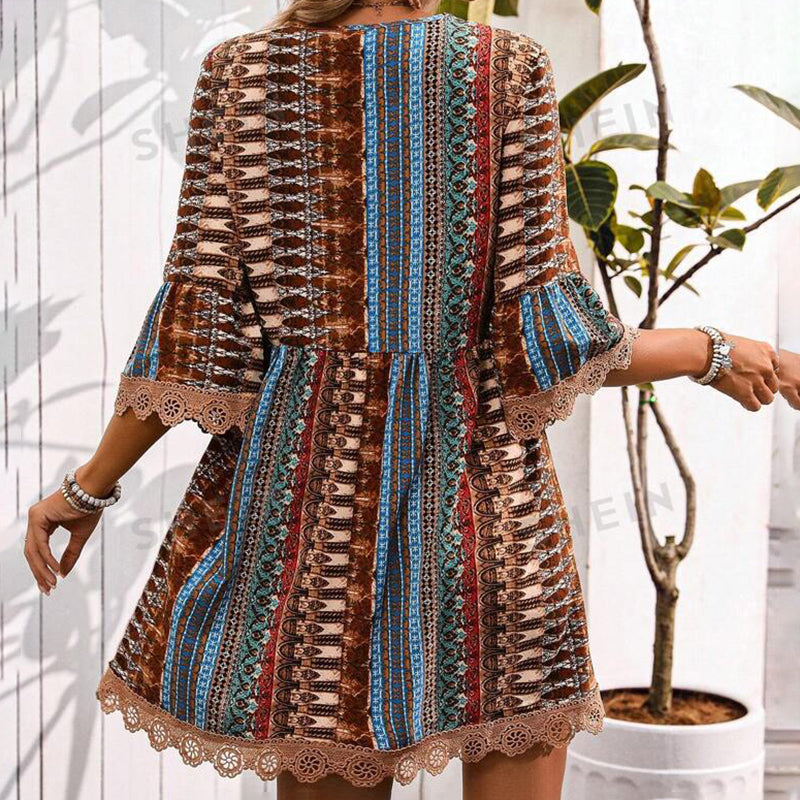 Women's Boho Print Mini Dress V-Neck 3 4 Sleeve Flowy Casual Summer Beach Sundress-FREE USA SHIPPING