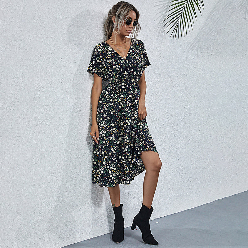 Women's V-Neck Floral Print Dress - A-Line Waisted Summer Maxi Dress - Free USA Shipping
