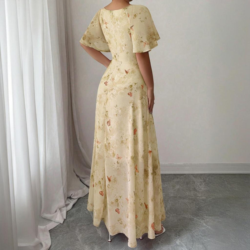 Women's Solid Color Square Neck Short Sleeve Butterfly Print Flowy Dress A-Line Summer Vacation Maxi Dress