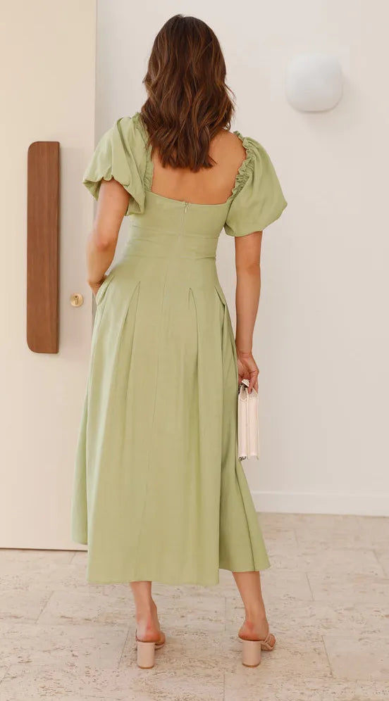 Women's Solid Color And V-neck Long Puff Sleeve Long Slimming Dress