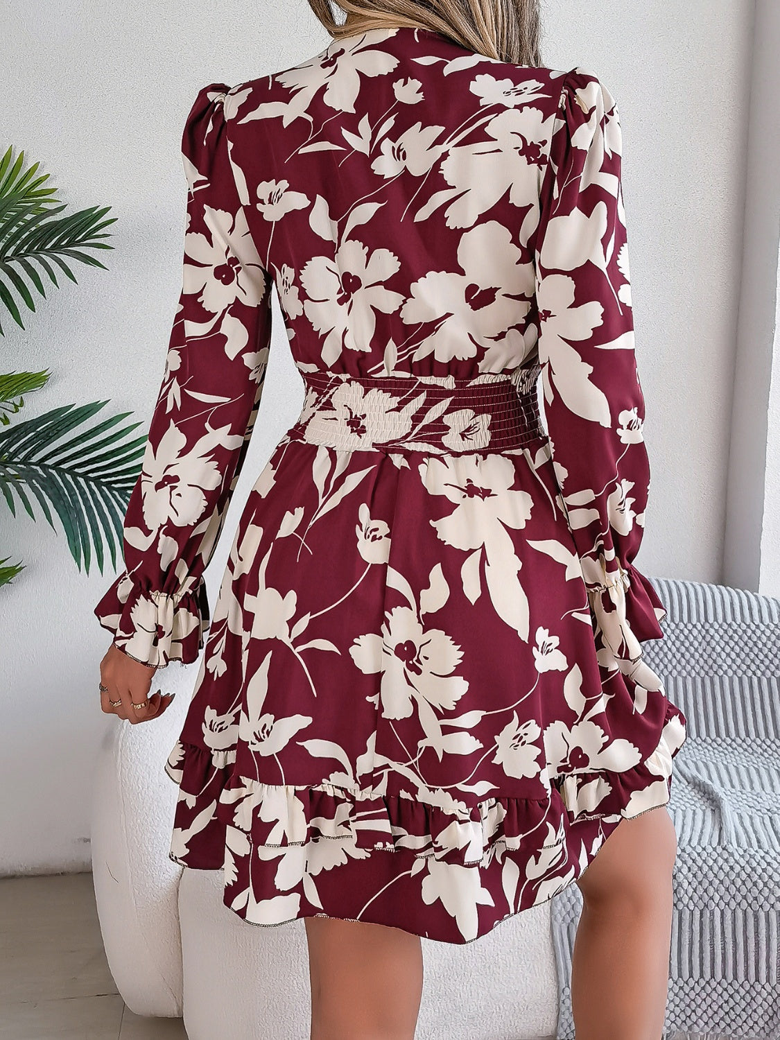 Tied Ruffled Printed Long Sleeve Dress Floral