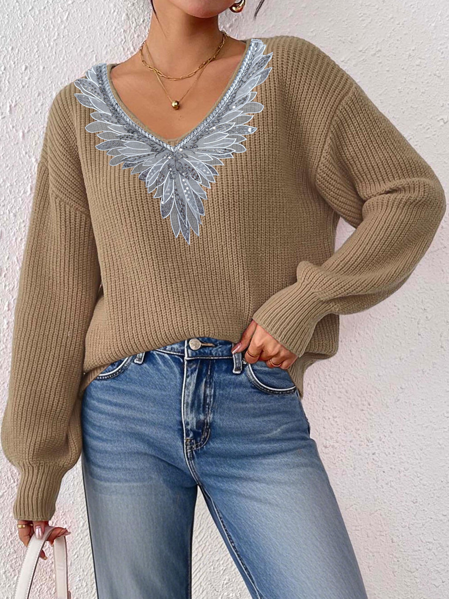 Lace Sequins Bow Tie V-neck Patchwork Pullover Long Sleeve Sweater