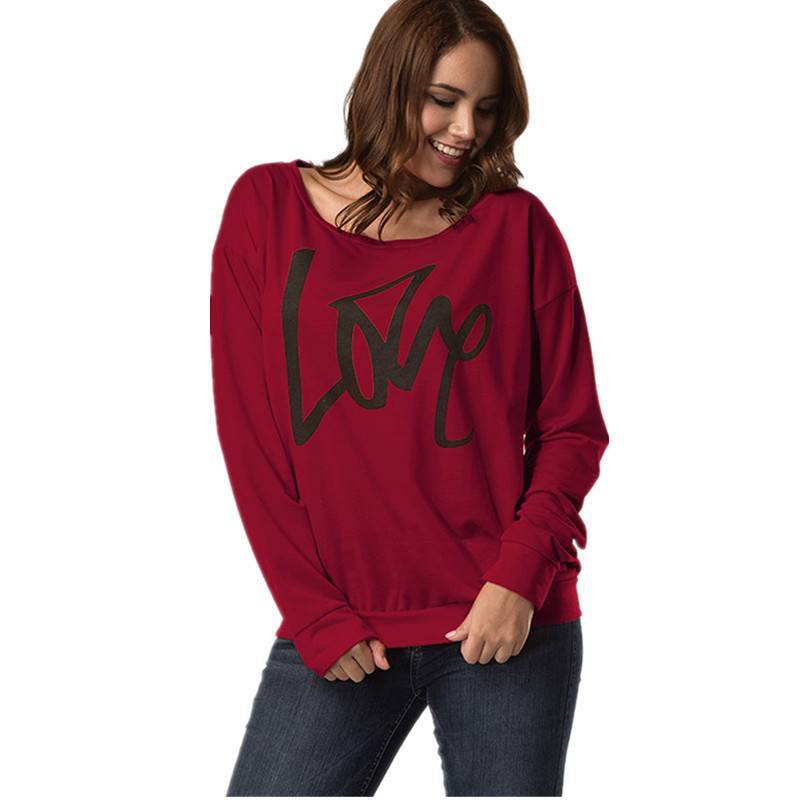 Autumn Women's Letter Love Print Sexy Leaky Off Shoulder Long Sleeve  Purple Green Yellow Tees Sweat Shirt Tops