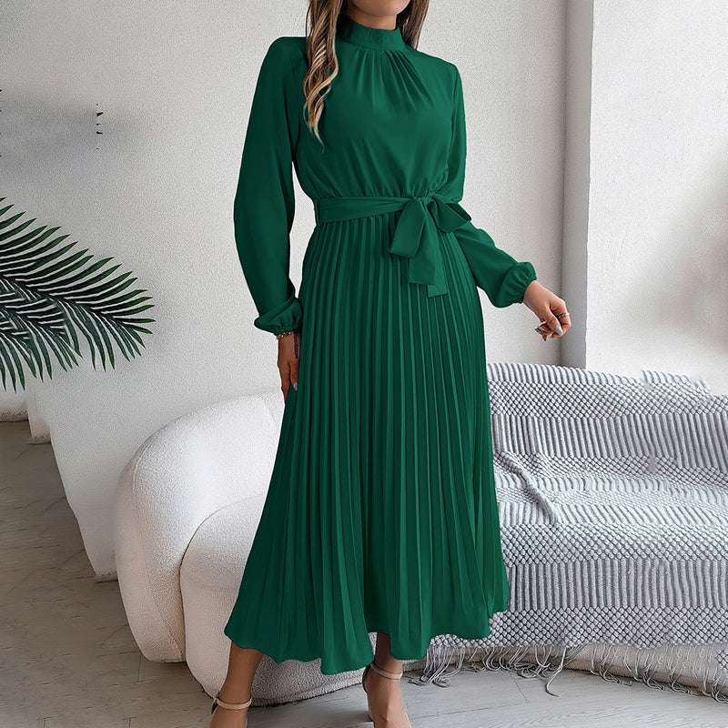 Elegant High Neck Long Sleeve Pleated Maxi Dress - Solid Color Flowy Dress For Women, Casual To Formal Wear-FREE USA SHIPPING