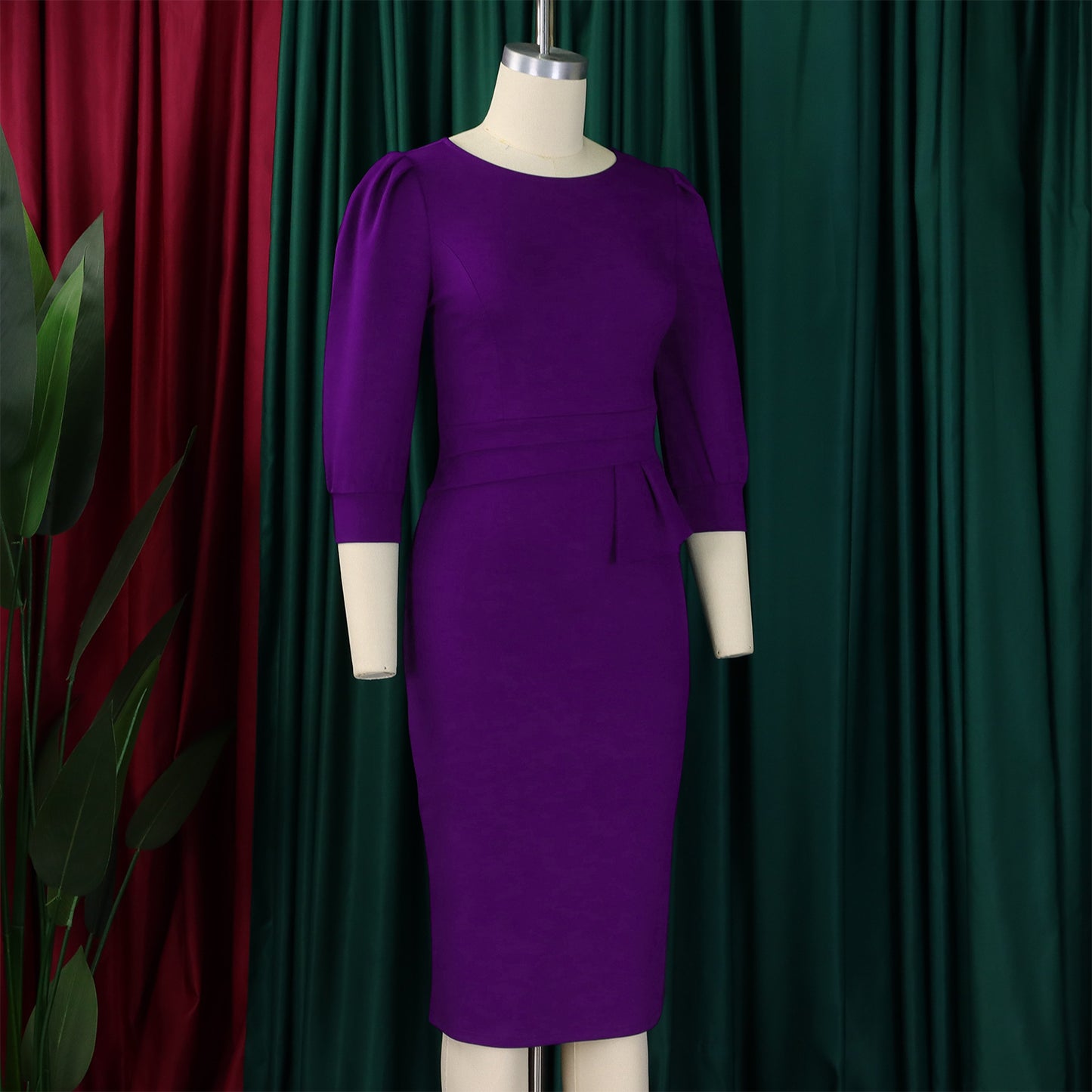 Women's Bodycon Pencil Dress Round Neck 3 /4 th Sleeve Peplum Office Dress - Free USA Shipping