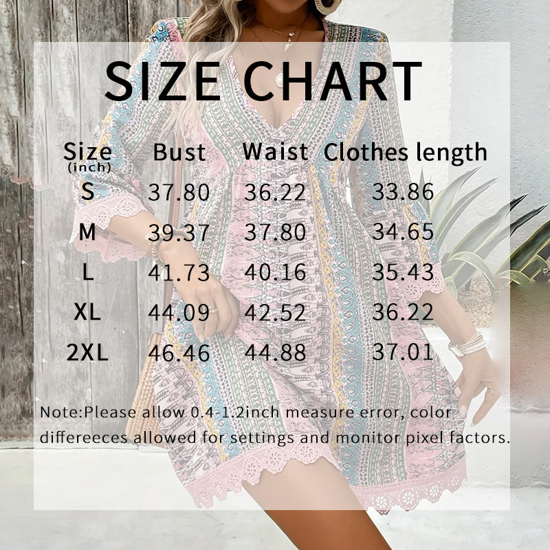 Women's Boho Print Mini Dress V-Neck 3 4 Sleeve Flowy Casual Summer Beach Sundress-FREE USA SHIPPING