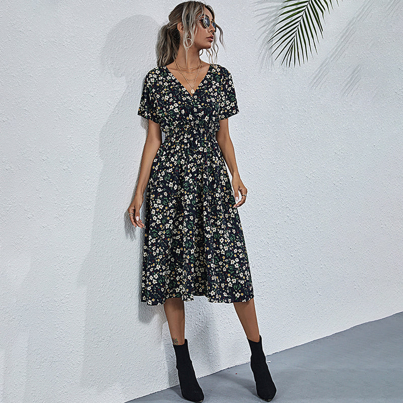 Women's V-Neck Floral Print Dress - A-Line Waisted Summer Maxi Dress - Free USA Shipping