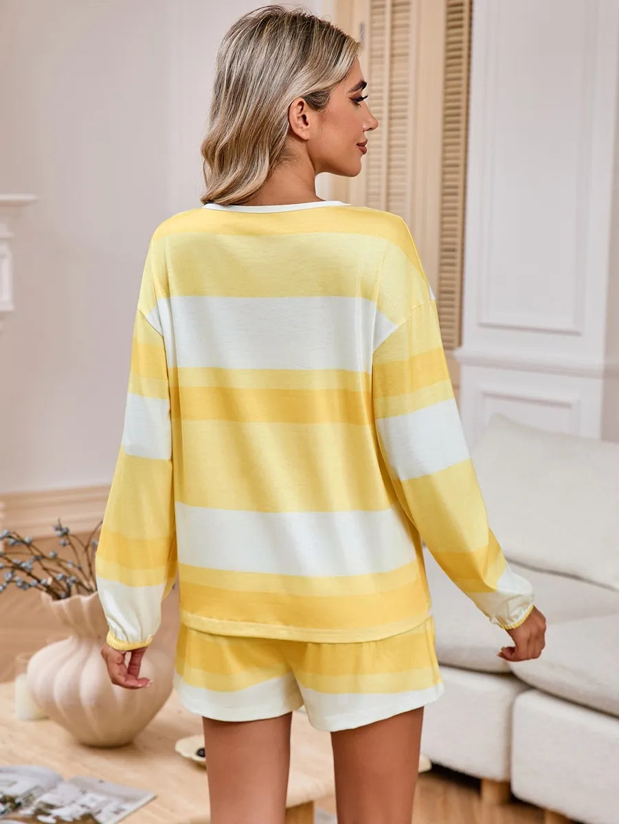 Women's Long Sleeve Striped Top Shorts Casual Suit Pajamas