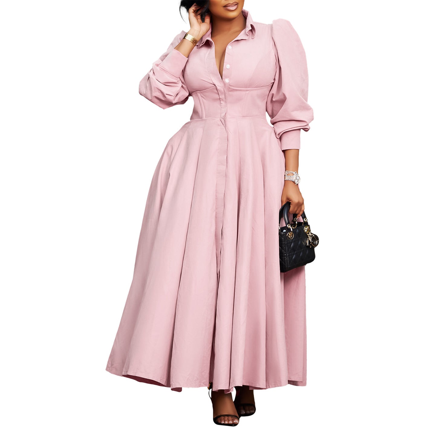 Women's Elegant Long Sleeve Big Hem Shirt Solid Color Dress