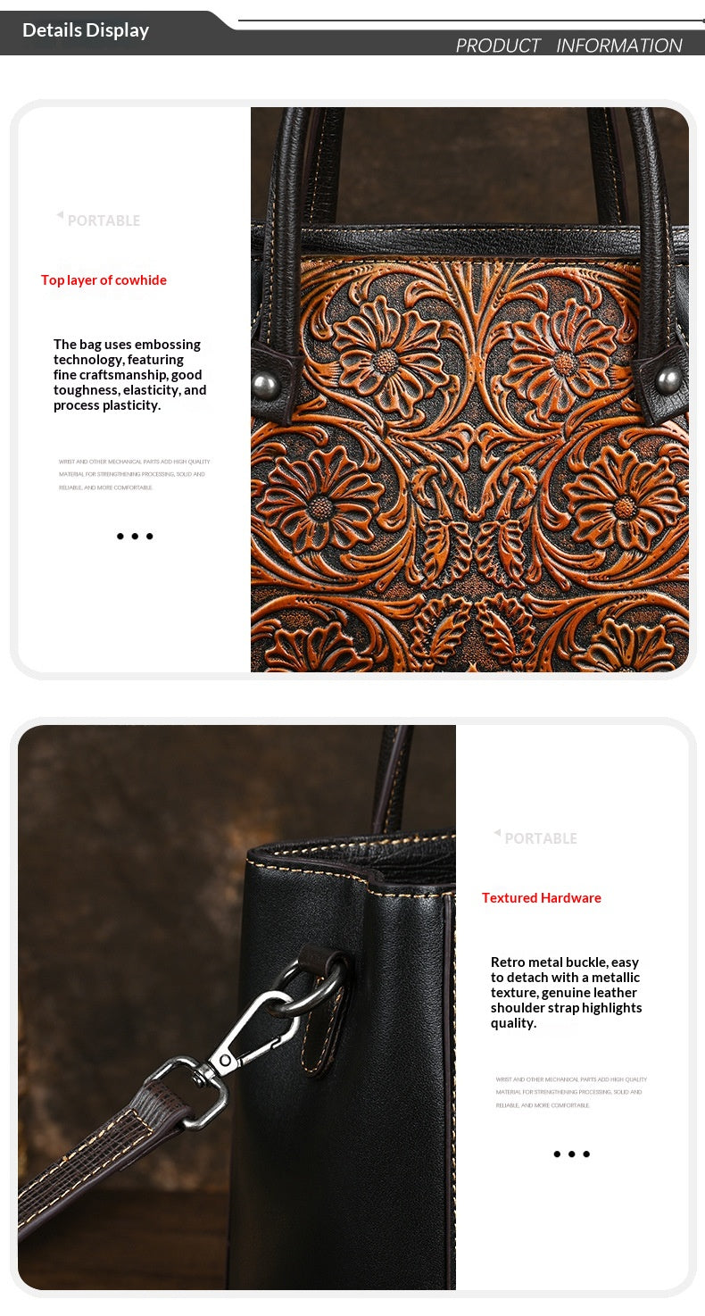 Single-shoulder Slanted-top Full-grain Leather Tote Bag With Leather Carving