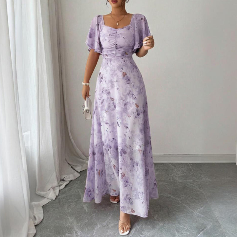 Women's Solid Color Square Neck Short Sleeve Butterfly Print Flowy Dress A-Line Summer Vacation Maxi Dress