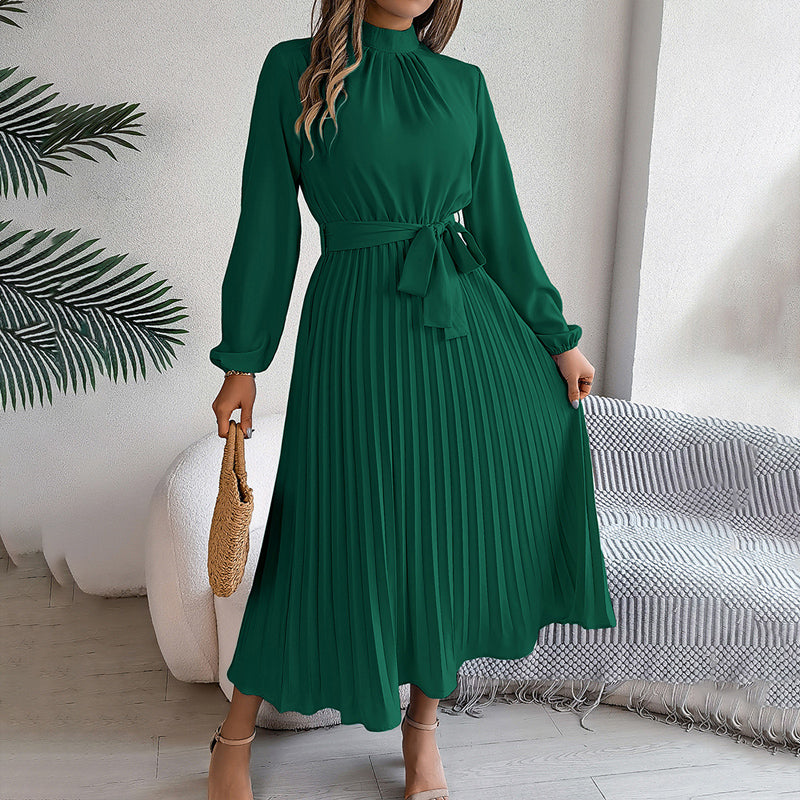 Elegant High Neck Long Sleeve Pleated Maxi Dress - Solid Color Flowy Dress For Women, Casual To Formal Wear-FREE USA SHIPPING