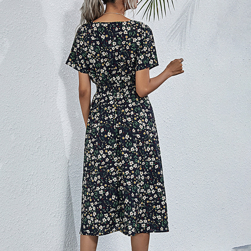 Women's V-Neck Floral Print Dress - A-Line Waisted Summer Maxi Dress - Free USA Shipping