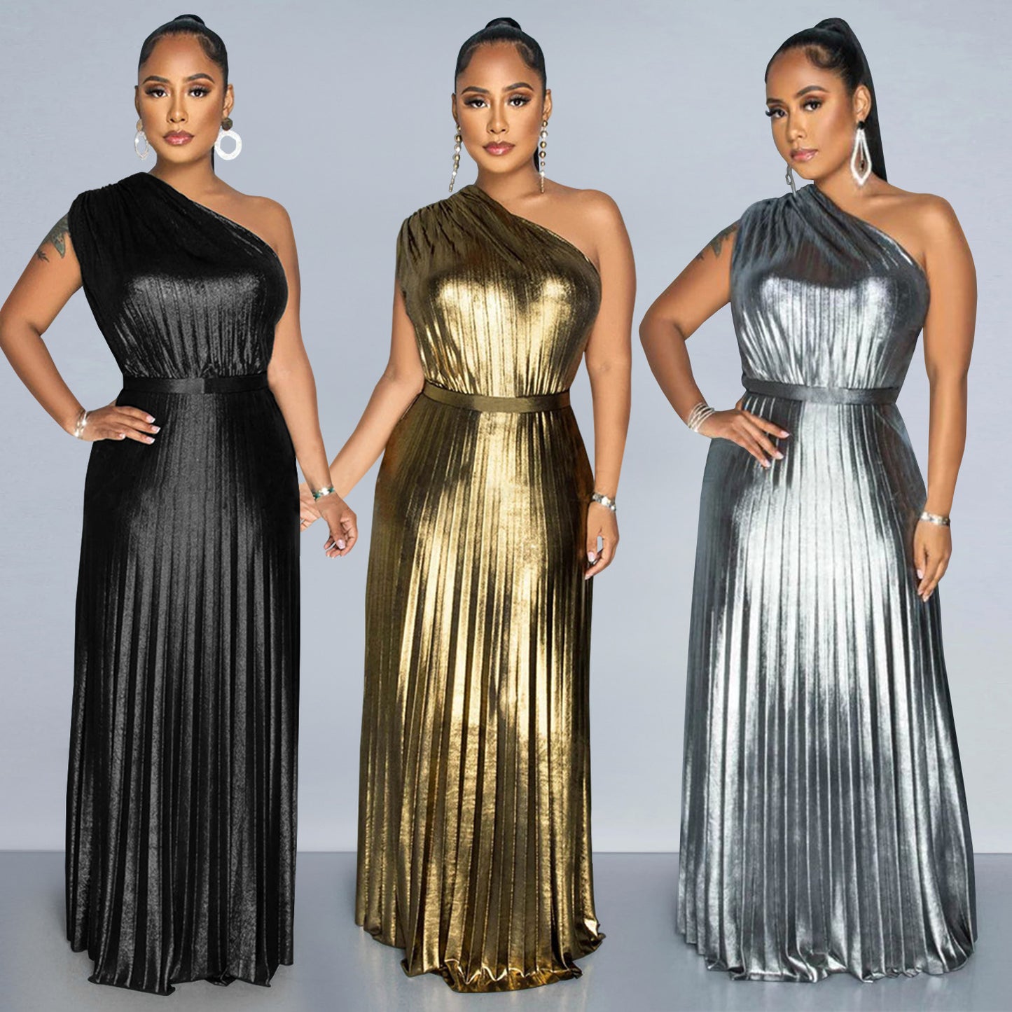 European And American Fashion Elegant Bronzing Oblique Shoulder Sleeveless Solid Color Dress
