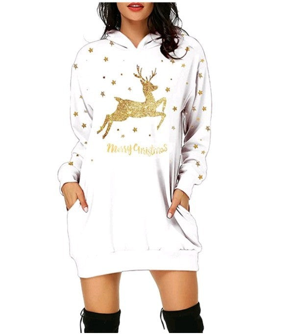 Christmas hot sale printed mid length pocket hooded long sleeved sweater