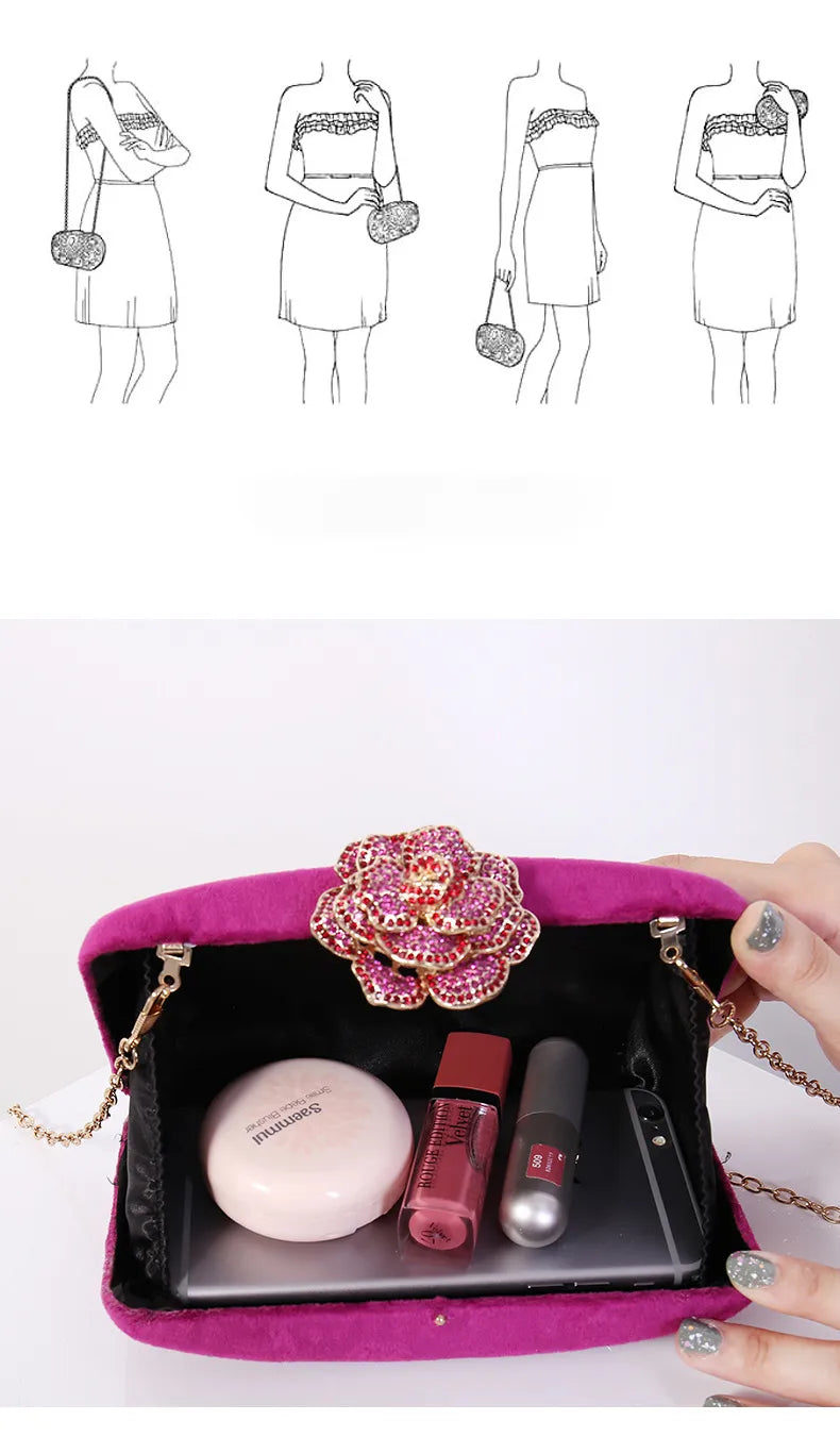 New Diamond Decoration Evening Bag PU Flannel Clutch Bag Chain Satchel Banquet Dress Bag Party Evening Gift Bag Evening Bag