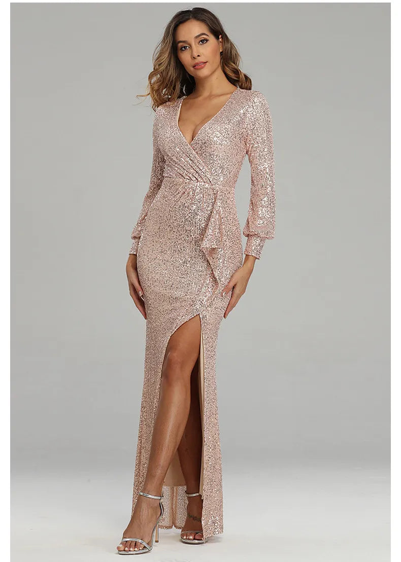 Fantasy Celebrity Sexy High Slit Long Sleeve Sequined Banquet Evening Dress Women
