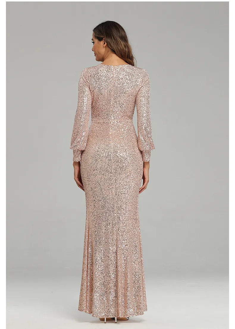 Fantasy Celebrity Sexy High Slit Long Sleeve Sequined Banquet Evening Dress Women