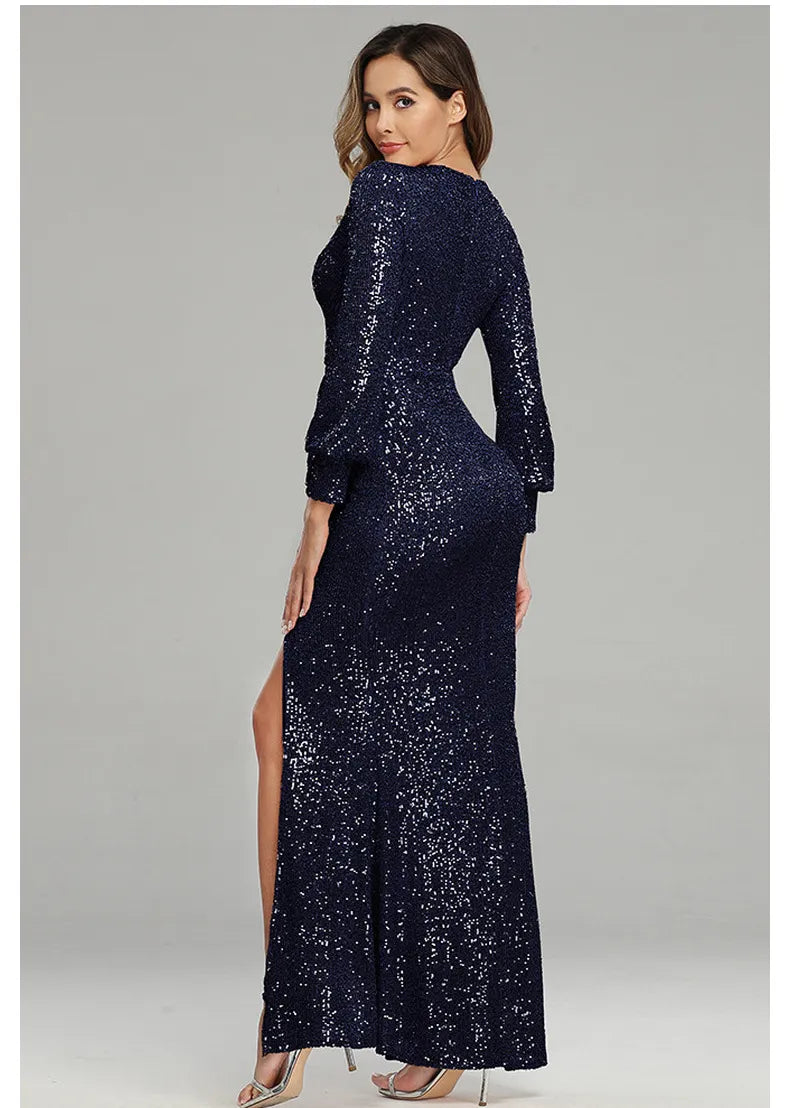 Fantasy Celebrity Sexy High Slit Long Sleeve Sequined Banquet Evening Dress Women