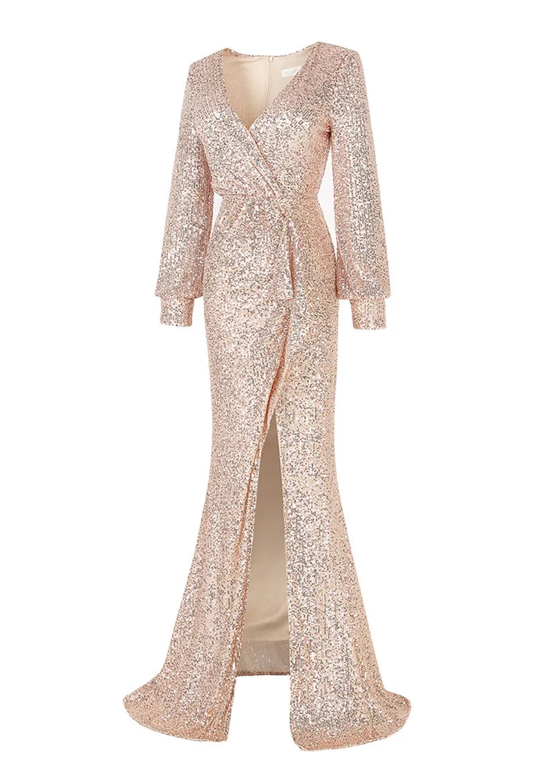 Fantasy Celebrity Sexy High Slit Long Sleeve Sequined Banquet Evening Dress Women