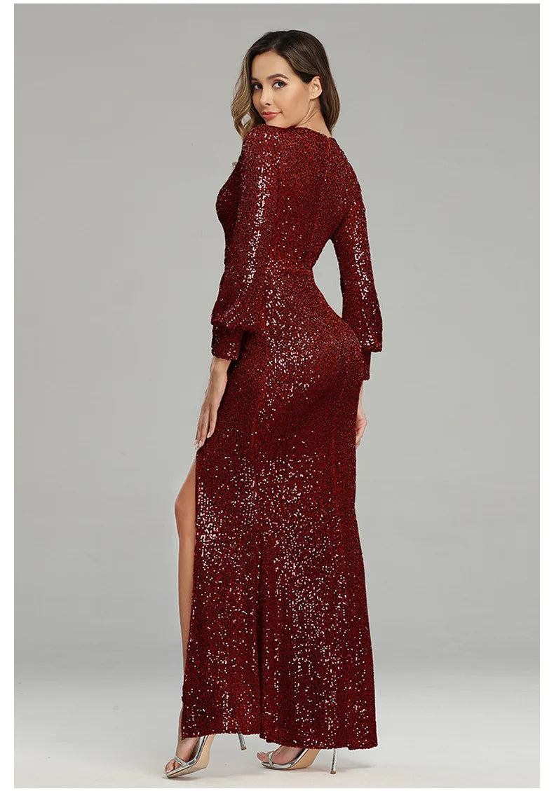 Fantasy Celebrity Sexy High Slit Long Sleeve Sequined Banquet Evening Dress Women