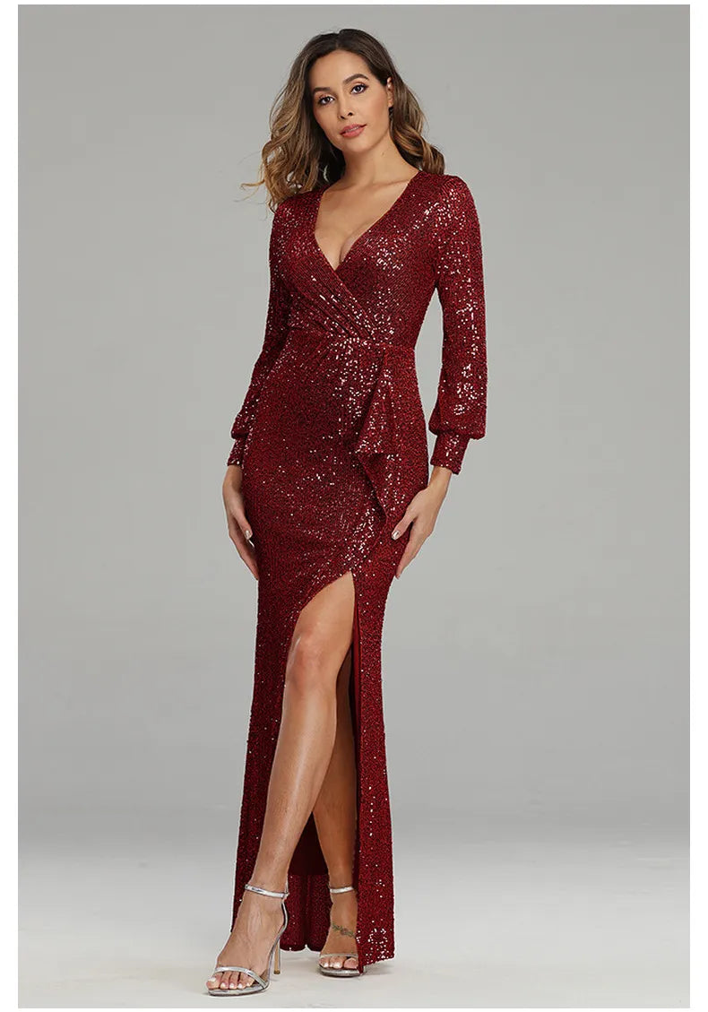 Fantasy Celebrity Sexy High Slit Long Sleeve Sequined Banquet Evening Dress Women