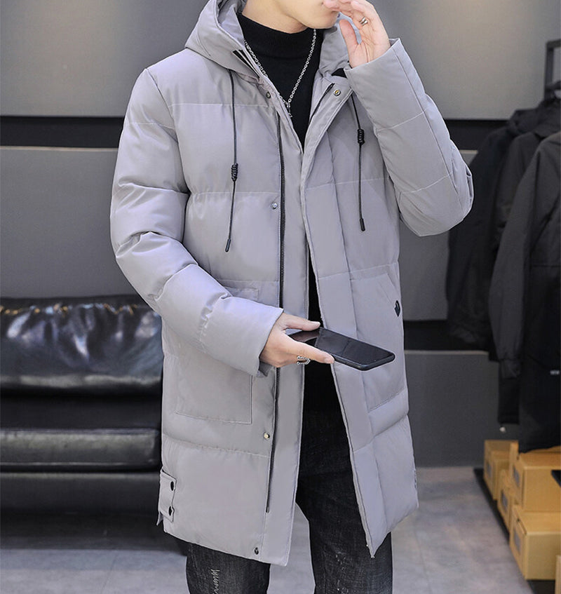 Long Hooded Jacket Men Winter Warm Windproof Coat Fashion Solid Color Clothes Outdoor