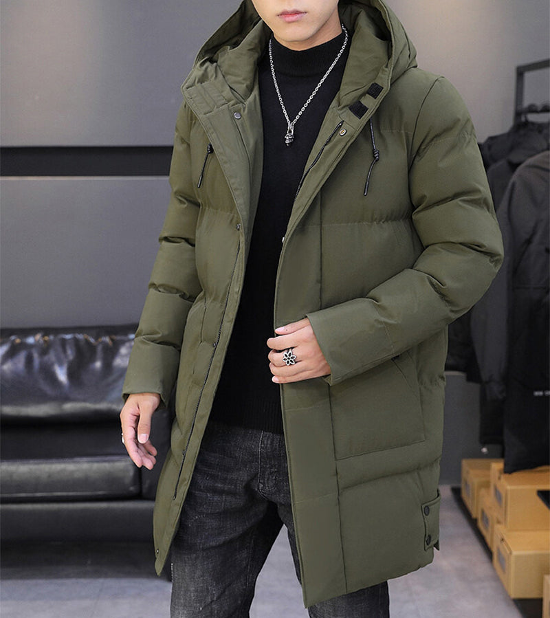 Long Hooded Jacket Men Winter Warm Windproof Coat Fashion Solid Color Clothes Outdoor