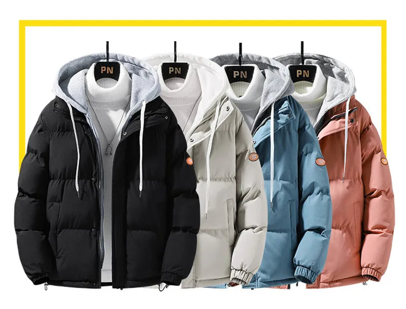 Fashion Hooded Jacket Men Winter Windproof Thickened Fake Two-piece Coat Solid Leisure Sports Cotton Jacket