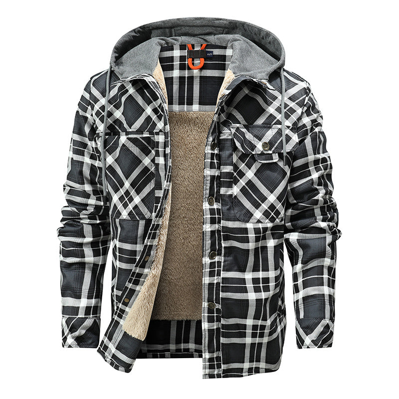 Men Warm Jacket Fleece Lining Lumberjack Plaid Hooded Jackets Snap Button