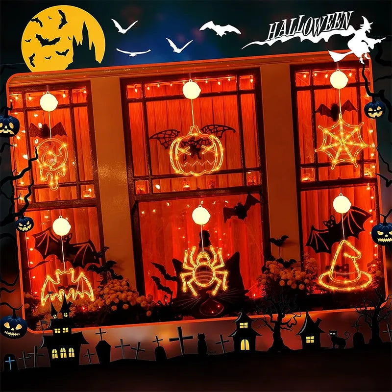 Halloween Window Hanging LED Lights Spider Pumpkin Hanging Ghost Horror Atmosphere Lights Holiday Party Decorative Lights Home Decor