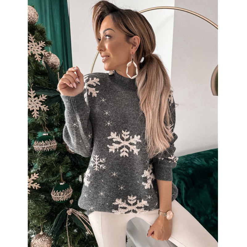 Fall Winter Women's Christmas Sweater Knitted Fluffy Loose Casual Christmas Snowflake Print Long Sleeves Pullovers Tops Streetwear