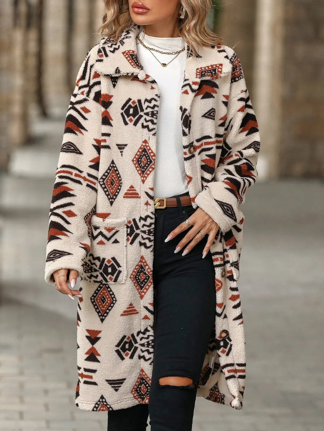 European And American Single-breasted Ethnic Print Plush Long Overcoat Outerwear