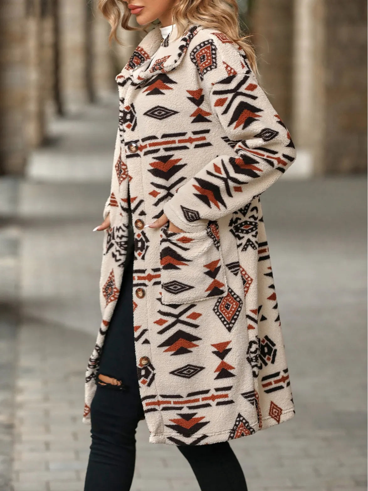 European And American Single-breasted Ethnic Print Plush Long Overcoat Outerwear