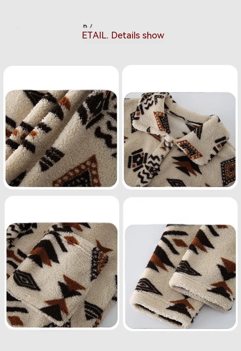 European And American Single-breasted Ethnic Print Plush Long Overcoat Outerwear