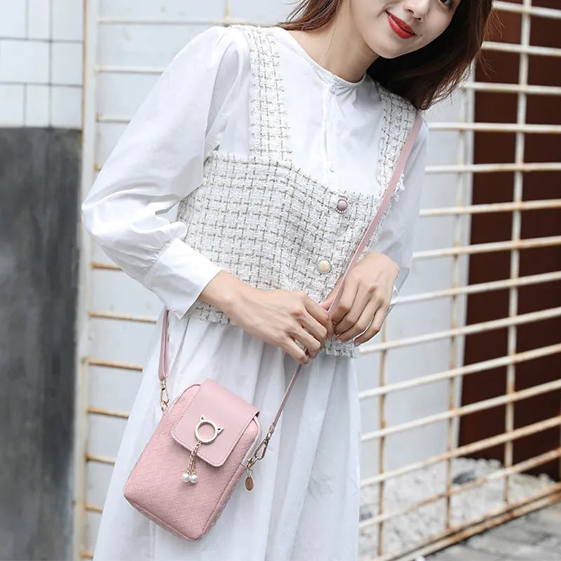 Mobile Phone Bags Women Woven Pearl Tassel Cover Type Crossbody Shoulder Bag