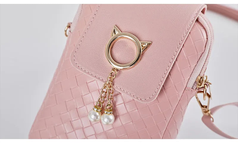 Mobile Phone Bags Women Woven Pearl Tassel Cover Type Crossbody Shoulder Bag