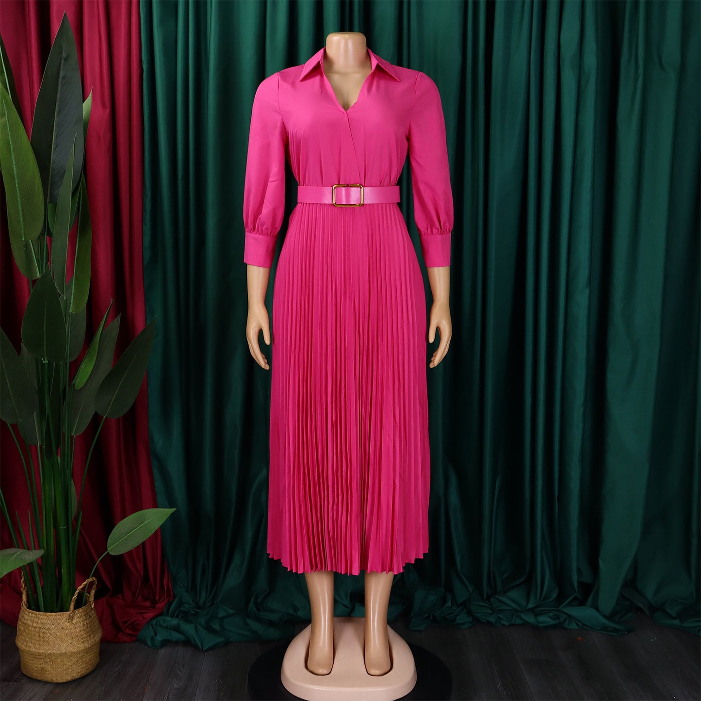 Autumn And Winter New Elegant Polo Collar Solid Color Large Swing Pleated Dress