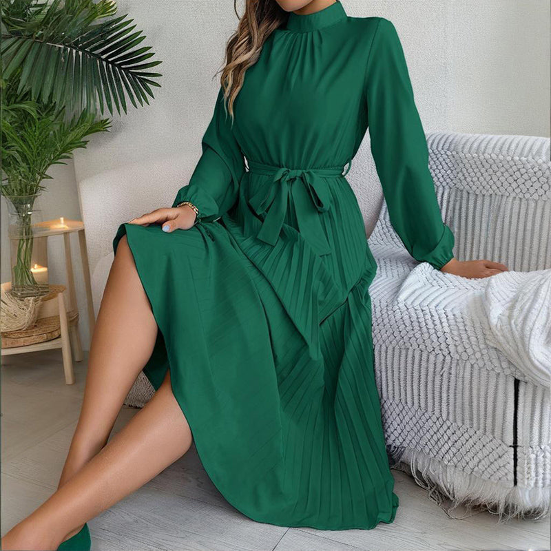 Elegant High Neck Long Sleeve Pleated Maxi Dress - Solid Color Flowy Dress For Women, Casual To Formal Wear-FREE USA SHIPPING